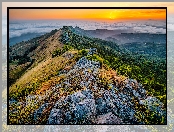 Roślinność, Skały, Zachód słońca, Góry, Park Stanowy Fremont Peak, Kalifornia, Stany Zjednoczone, Lasy, Mgła
