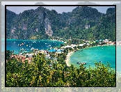 Plaża, Morze, Łódki, Góry, Koh Phi Phi, Wyspa, Tajlandia, Zatoki, Palmy