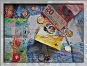 Pieniądze, Franki, Szwajcarskie, Banknoty, Monety