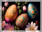 Wielkanoc, Pisanki, Kwiaty, Kolorowe, Grafika