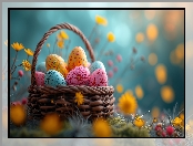 Wielkanoc, Koszyk, Kwiaty, Pisanki, Rozmyte tło