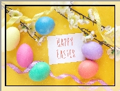 Wstążki, Pisanki, Wielkanoc, Happy Easter, Gałązki, Napis