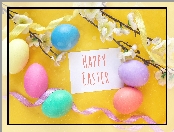 Wstążki, Pisanki, Wielkanoc, Happy Easter, Gałązki, Napis