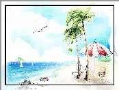 Plaża, Morze, Palmy, Parasol