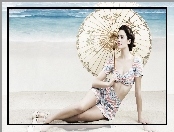Plaża, Retro, Kobieta, Parasol, Morze