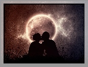Pocałunek, Noc, Księżyc, Para, Zakochanych