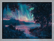 Drzewa, Grafika, Zorza polarna, Łódki, Góry, Jezioro