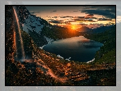 Północna Norwegia, Zachód Słońca, Jezioro, Góry