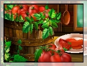Pomidory, Grafika, Liście, Talerz