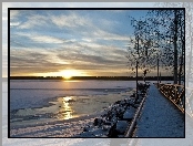 Pomost, Zachód, Słońca, Zamarznięte, Jezioro