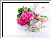 Porcelana, Bukiet, Róż, Ciastko, Herbata