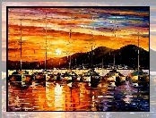 Zachód słońca, Reprodukcja obrazu, Leonid Afremov, Żaglówki, Góry