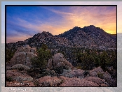 Góry, Arizona, Stany Zjednoczone, Skały, Drzewa, Zachód słońca, Prescott