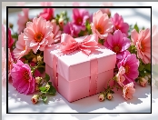 Różowe, Prezent, Kokarda, Pudełko, Kwiaty