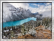 Zima, Jezioro, Kanada, Góry, Prowincja Alberta, Śnieg, Park Narodowy Banff, Peyto Lake, Chmury, Drzewa