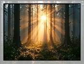 Mgła, Przebijające światło, Las, Drzewa