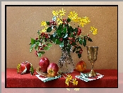 Puchar, Bukiet, Żółte, Kwiaty, Jabłka