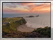 Plaża Rhossili, Morze, Wybrzeże, Walia, Wrzosy, Wioska Pitton