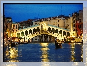 Most Rialto, Wenecja, Włochy, Gondole, Kanał Canal Grande, Domy