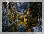 Rzeka, Jesień, Śnieg, Merced River, Stany Zjednoczone, Drzewa, Stan Kalifornia, Park Narodowy Yosemite, Góry