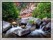 Arizona, Sedona, Cathedral Rock, Kamienie, Drzewa, Skały, Oak Creek, Głazy, Rzeka, Stany Zjednoczone