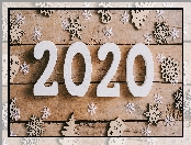 Nowy Rok, Ozdoby, Deski, Cyfry, 2020, Śnieżynki, Świąteczne