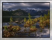 Jezioro Jack London, Obwód magadański, Rosja, Góry Kołymskie, Drzewa, Zachmurzone niebo, Kołyma