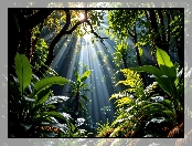 Przebijające światło, Las, Drzewa, Grafika AI, Liście, Roślinność