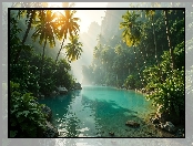 Rzeka, Roślinność, Palmy, Las, AI