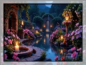 Rośliny, Różowe, Łuk, Lampion, Świece, Oczko wodne, Ogród, Kwiaty, Murowany