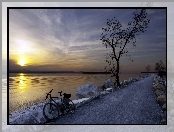 Rower, Droga, Jezioro, Zachód, Słońca