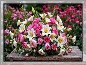 Lilie, Ogród, Bukiet, Kwiaty, Stolik, AI, Piwonie, Róże