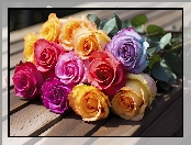 Fioletowe, Kwiaty, Różowe, Róże, Żółte, Bukiet