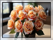 Kwiaty, Róże, Bukiet, Brzoskwiniowe, Wazon