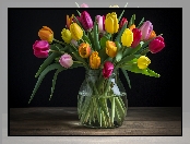 Tulipany, Wazon, Bukiet, Różnokolorowe