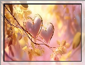 Żółte, Liście, Dwa, Grafika AI, Serca, Gałązka, Różowe