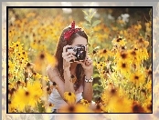 Rudbekie, Aparat, Dziewczyna, Tło, Fotograficzny, Rozmyte