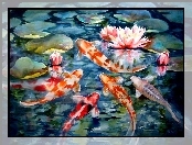 Wodne, Ryby, Karp Koi, Staw, Lilie
