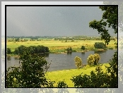 Rzeka, Panorama, Łąki, Drzewa