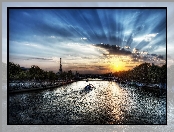 Paryż, Rzeka, Chmury, Zachód słońca, Francja, Wieża Eiffla