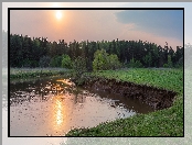 Rzeka, Zachód słońca, Las, Drzewa