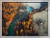 Mgła, Jesień, Polana, Pożółkłe, Słowenia, Rzeka Sava, Z lotu ptaka, Drzewa, Domy