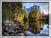 Stany Zjednoczone, Rzeka, Park Narodowy Yosemite, Odbicie, Kalifornia, Kamienie, Drzewa, Góry