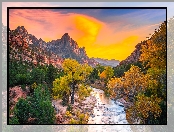 Rzeka Virgin River, Park Narodowy Zion, Jesień, Kamienie, Stany Zjednoczone, Góry Watchman, Stan Utah, Drzewa, Zachód słońca