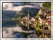 Alpy Salzburskie, Hallstatt, Austria, Domy, Góry, Jezioro Hallstattersee