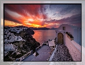 Zachód słońca, Domy, Santorini, Morze, Grecja