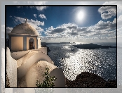 Świt, Santorini, Grecja, Kościół Agios Stylianos, Wschód słońca, Morze Egejskie
