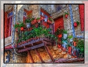 Schody, Doniczki, Balkon, Czerwone