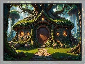 Omszały, Grafika, Dom, Ścieżka Fantasy, Drzewa, Fantazja
