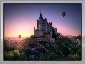 Hiszpania, Alcázar de Segovia, Zamek Alcazar w Segowii, Wschód Słońca, Miasto Segowia, Balony
